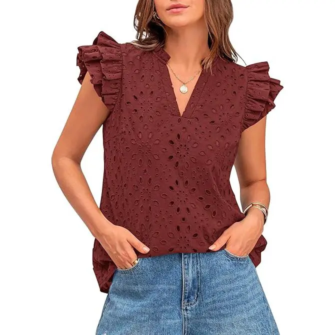 Women Summer Eyelet Tops Dressy Casual V-Neck Ruffle Cap Sleeve Cotton Boho Shirts