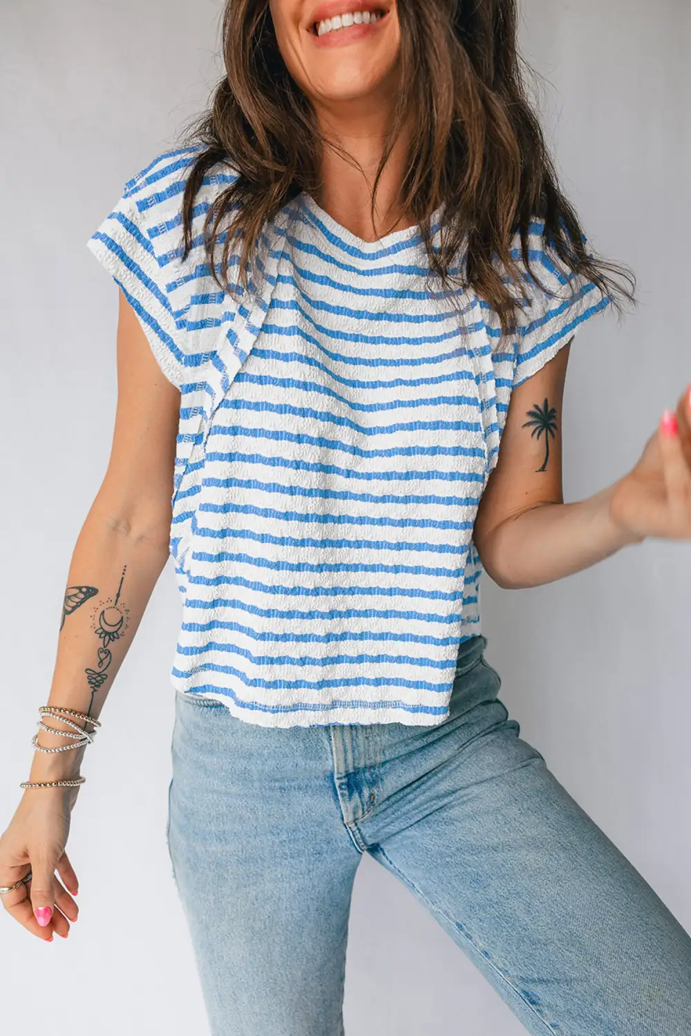 Short-Sleeve Patchwork Textured Striped T-Shirt