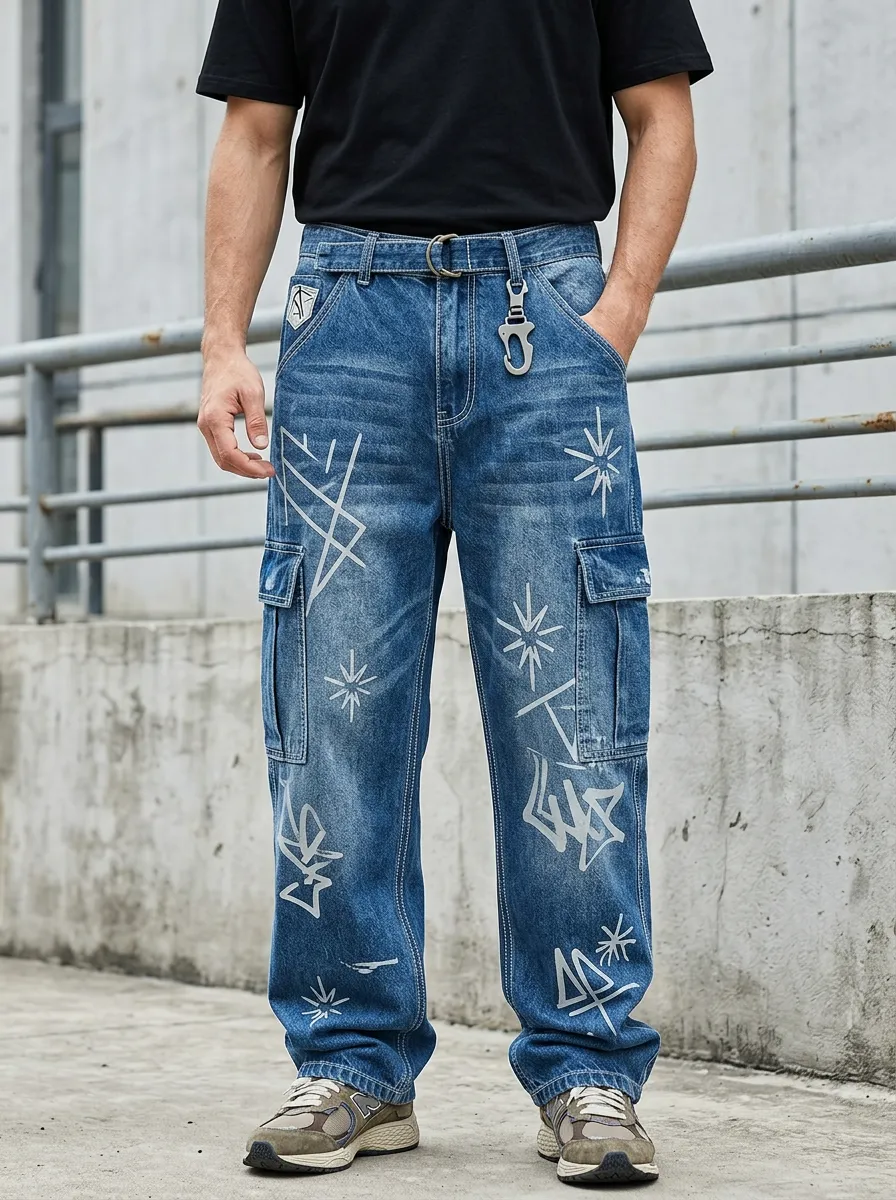 Men's Urban Streetwear Graffiti Star Cargo Detail Jeans