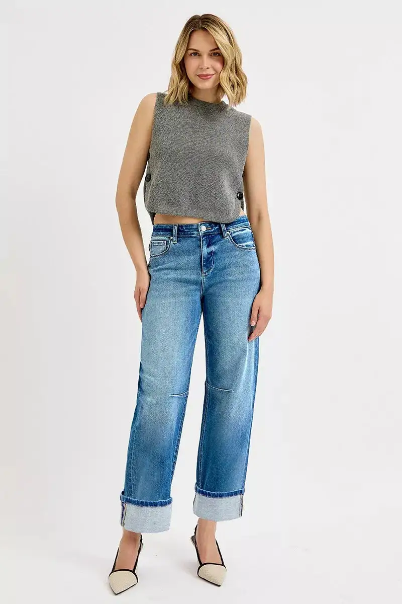 Easy Barrel Leg Cuffed Denim Jeans