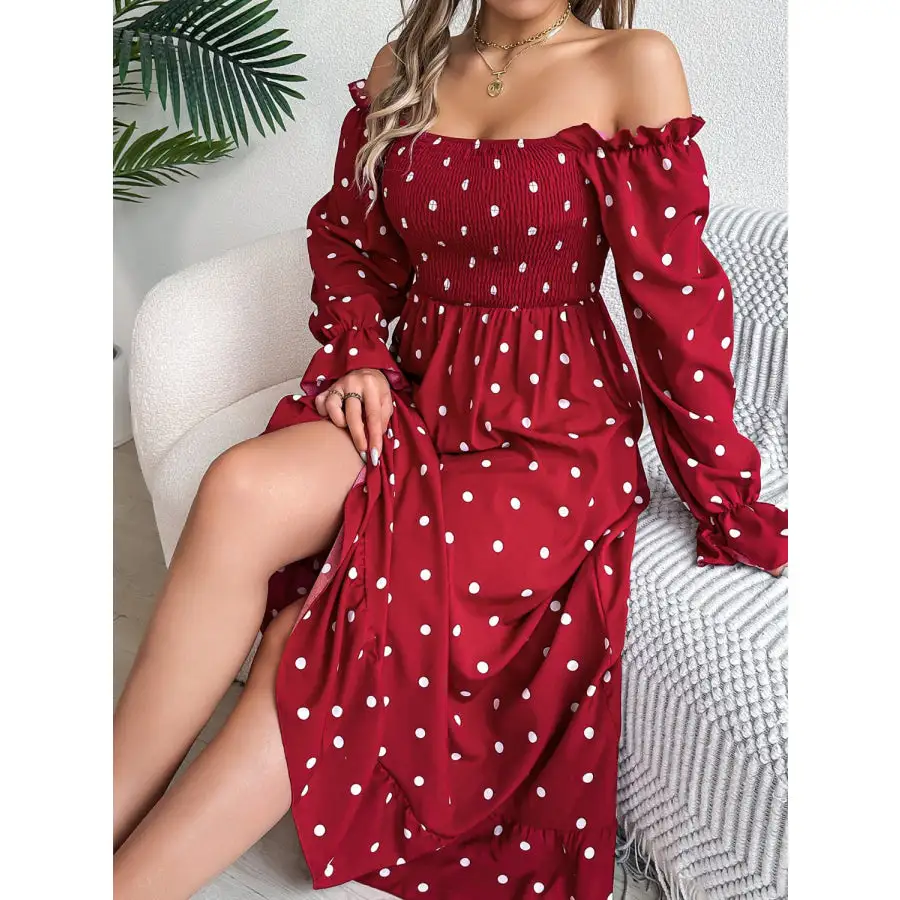 Polka Dot Flounce Sleeve Midi Dress