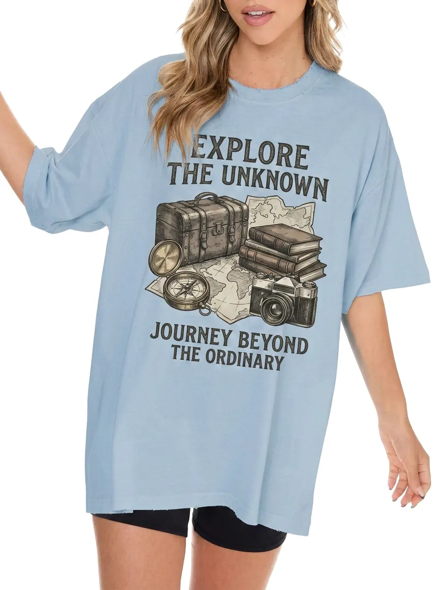 Women's Travel Lover Map Compass Camera Printed T-shirt
