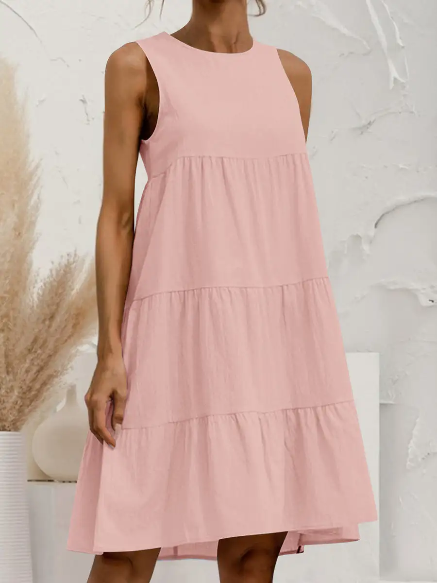A Line Relaxed Pleated Solid Color Tiered Round Neck Mini Dress