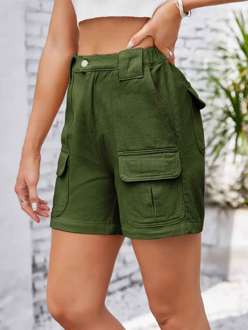 Khaki Waist Washed Denim Shorts