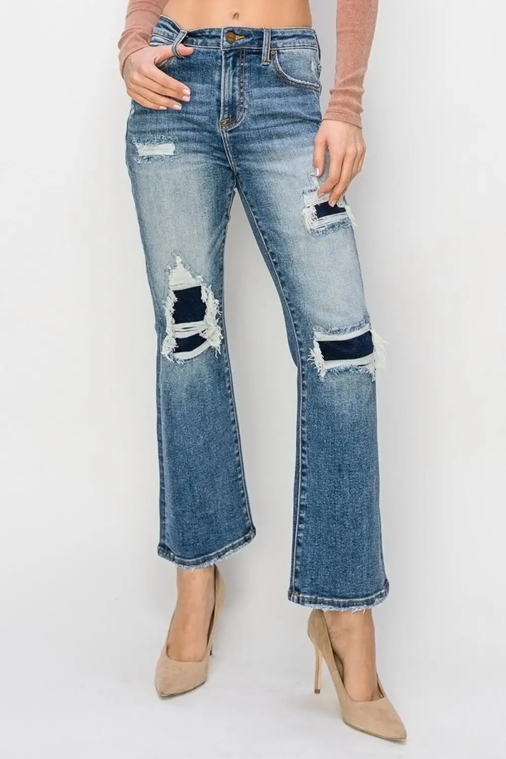 Smooth High Waist Flare Leg Distressed Denim Jeans