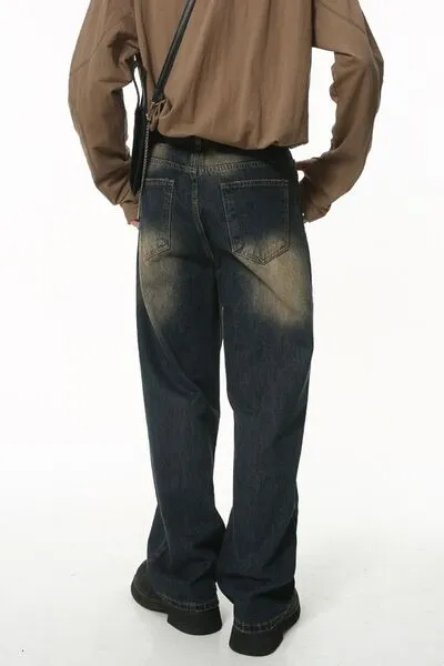 Tailored Mid-Rise Washed Pocketed Stretch Straight Leg Jeans