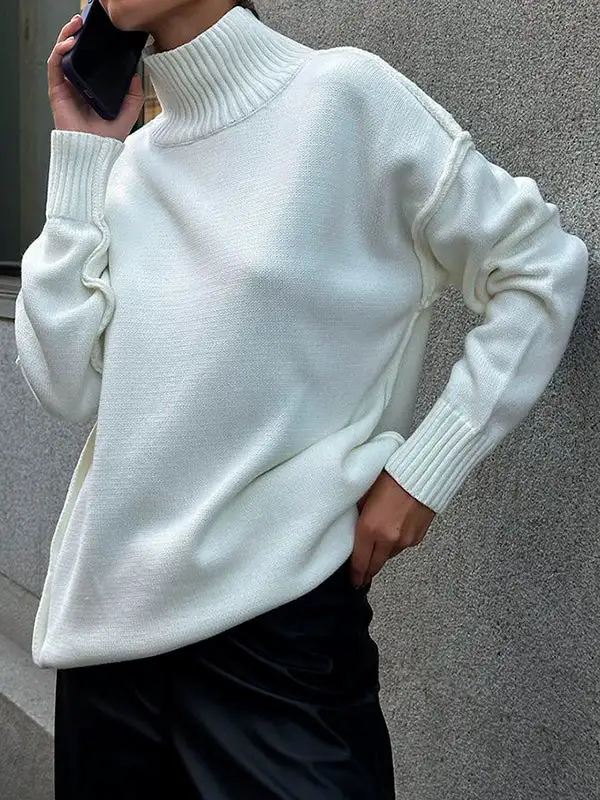 Paneled High Neck Long Sleeve Relaxed Fit Easy Fit Pullover Sweater