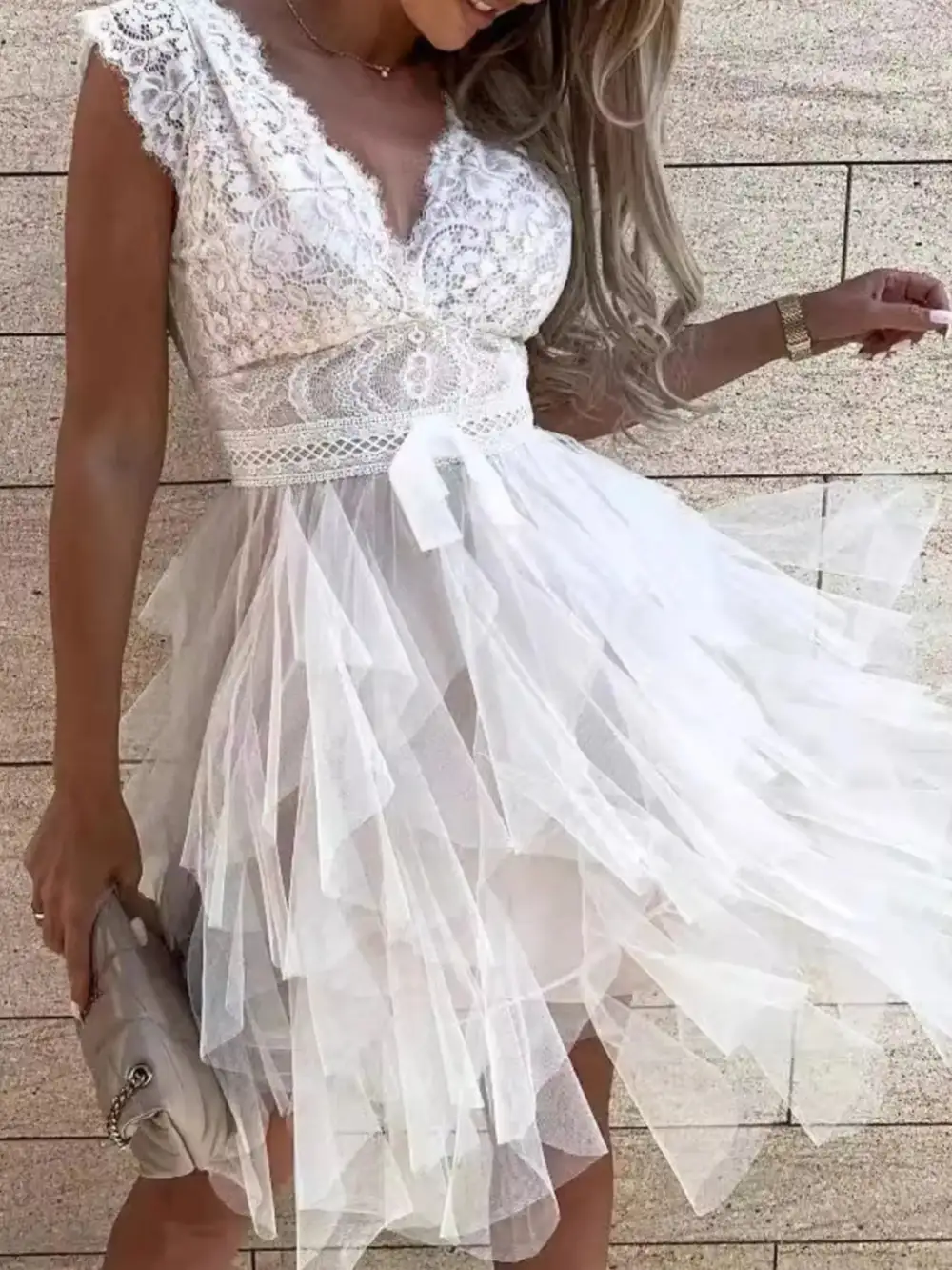 V-Neck Ruffled Lace Trim Midi Dress