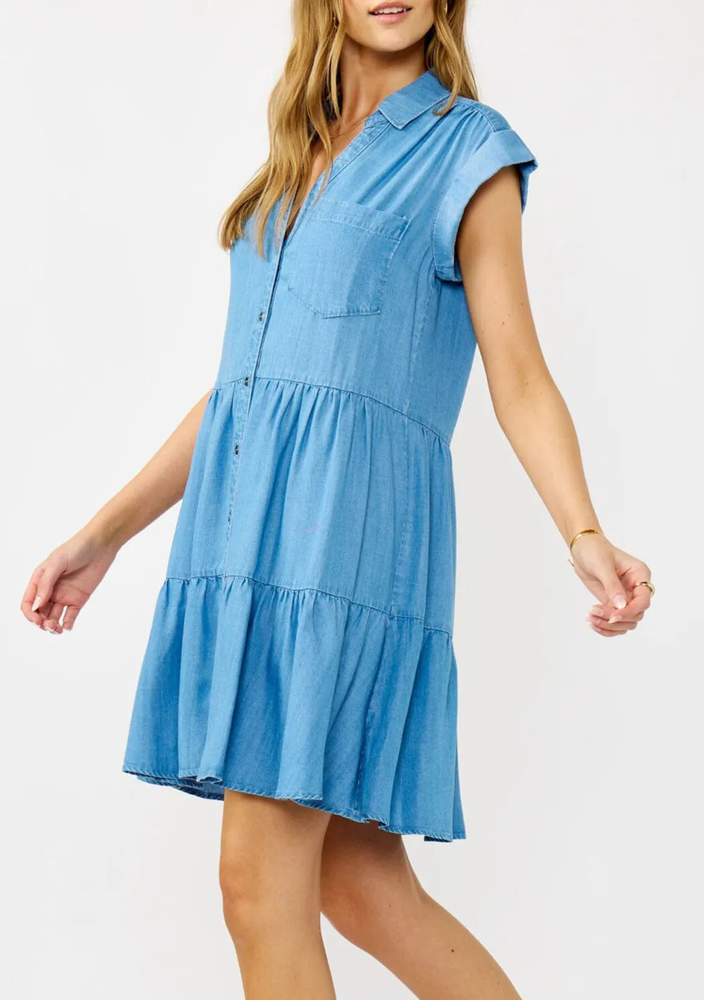 Tiered Button Up Cap Sleeve Dress