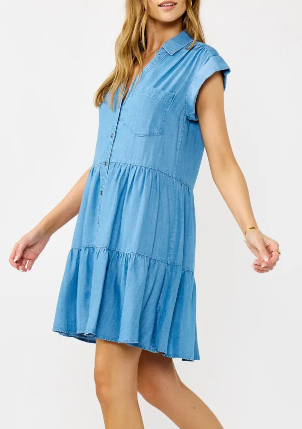 Tiered Button Up Cap Sleeve Dress