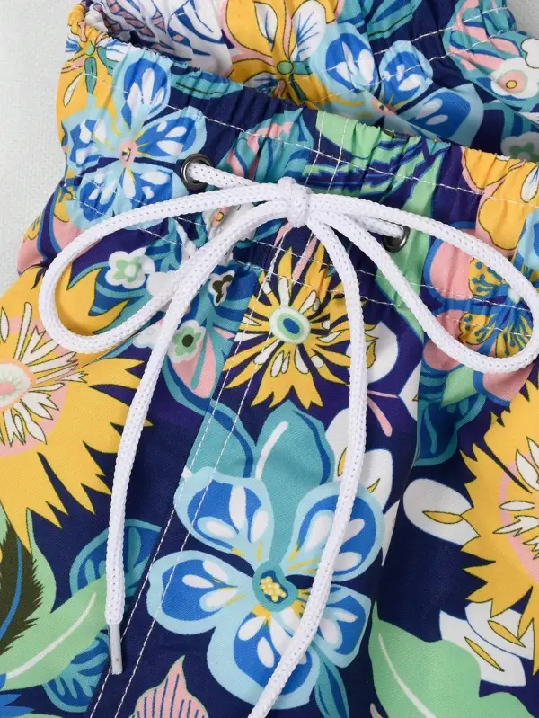 Men's Floral Print Drawstring Beach Shorts