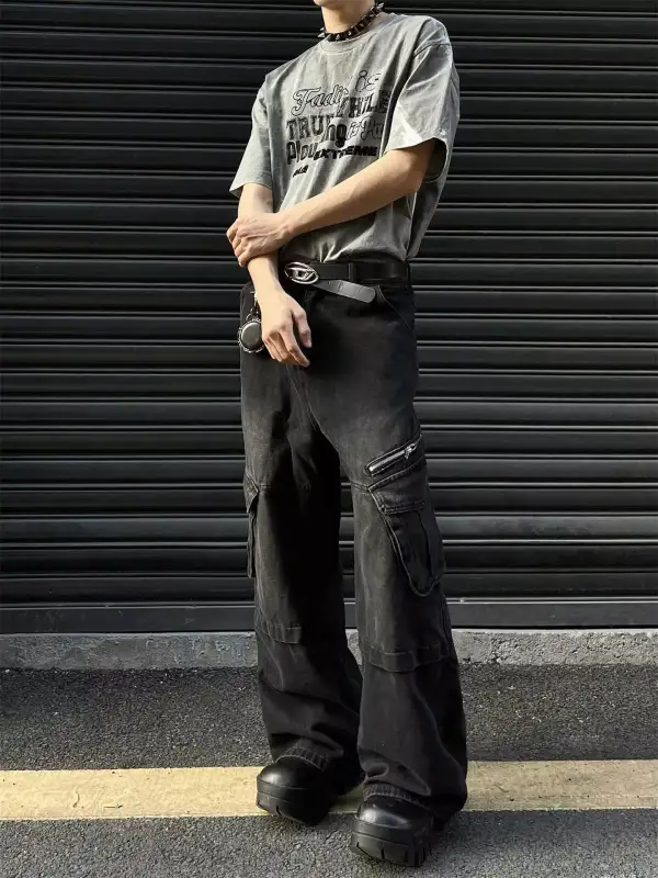 Men's Plus Size Vintage Wash Wide Leg Cargo Jeans