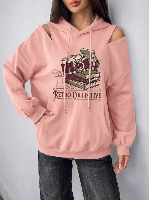 Women's Retro Camera Book Graphic Cold-Shoulder Hoodie