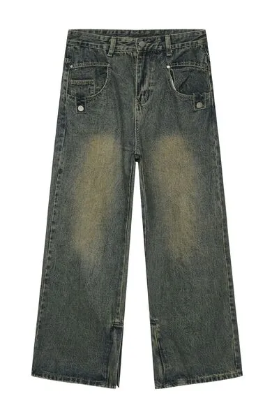 Washed Side-Slit Pocketed Stretch Straight Leg Jeans