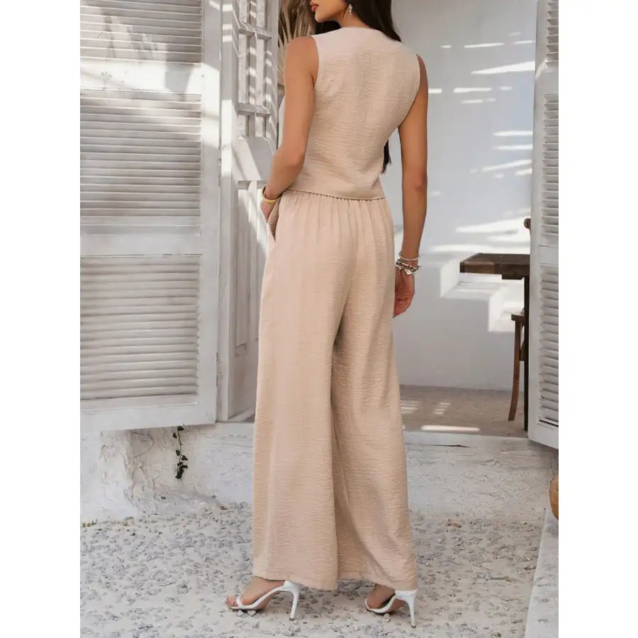 Button Down Vest and Wide Leg Pants Set