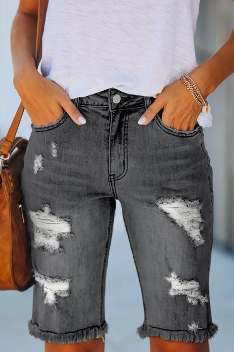 Ripped Raw Hem Denim Bermuda Shorts