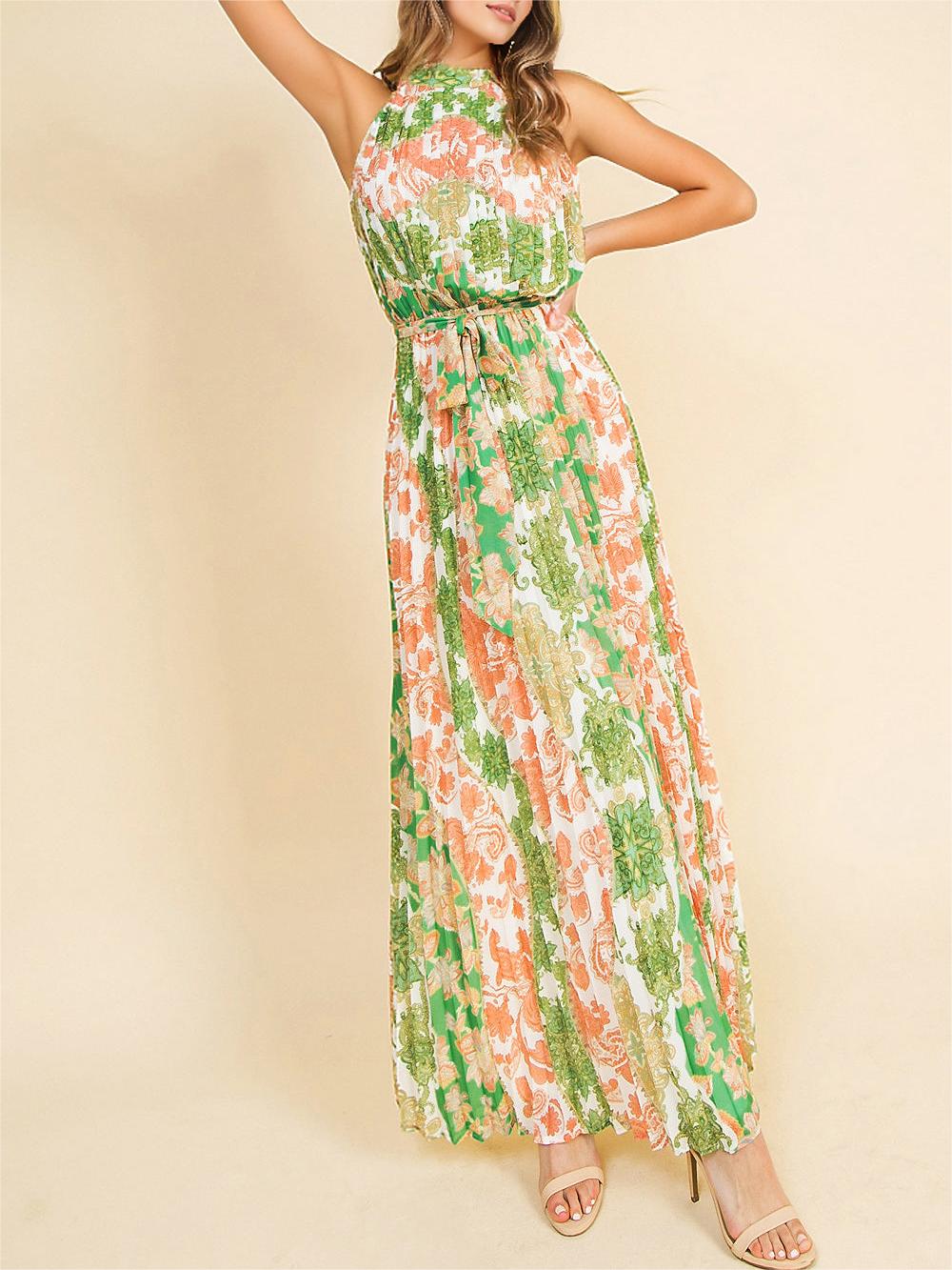 Green and Orange Pleated Maxi Dress