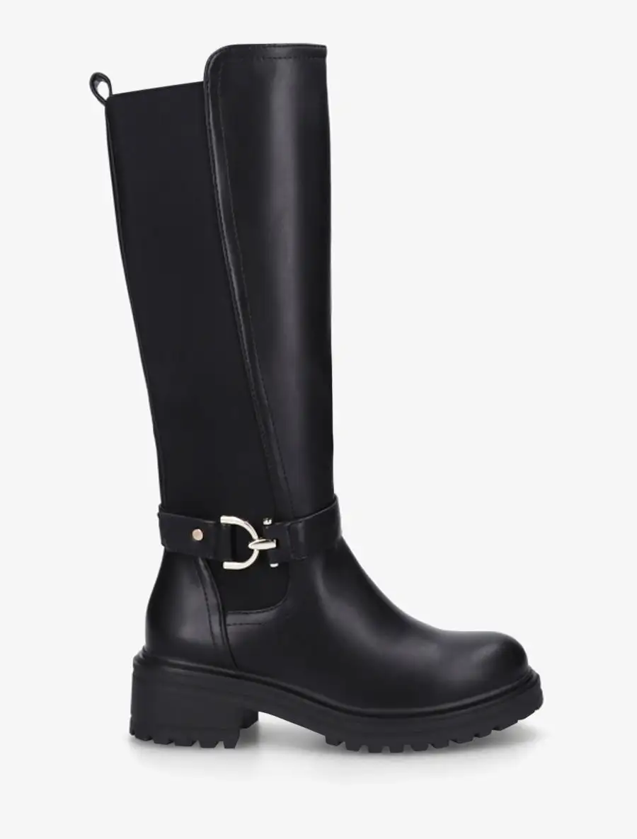 Classic Statement Stretch Panel Strap Detail Block Heel Faux Leather Knee High Boots