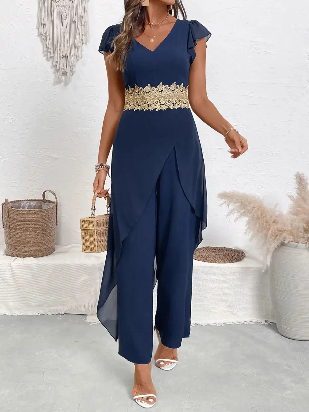 V Neck Wide Leg Jumpsuit