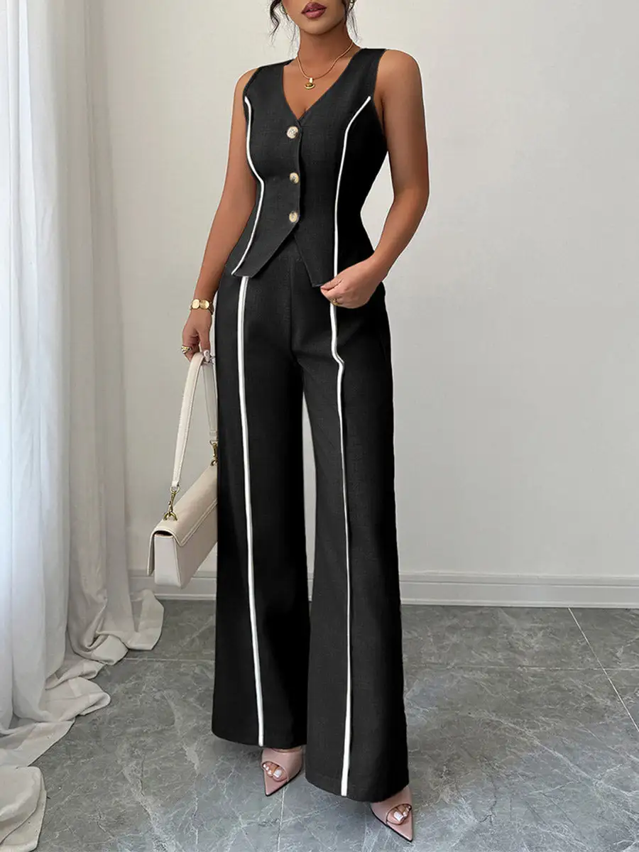 Sleeveless Buttoned Blouse And Pants Set