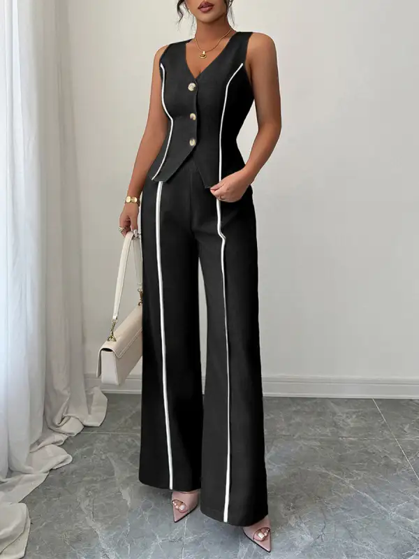 Sleeveless Buttoned Blouse And Pants Set