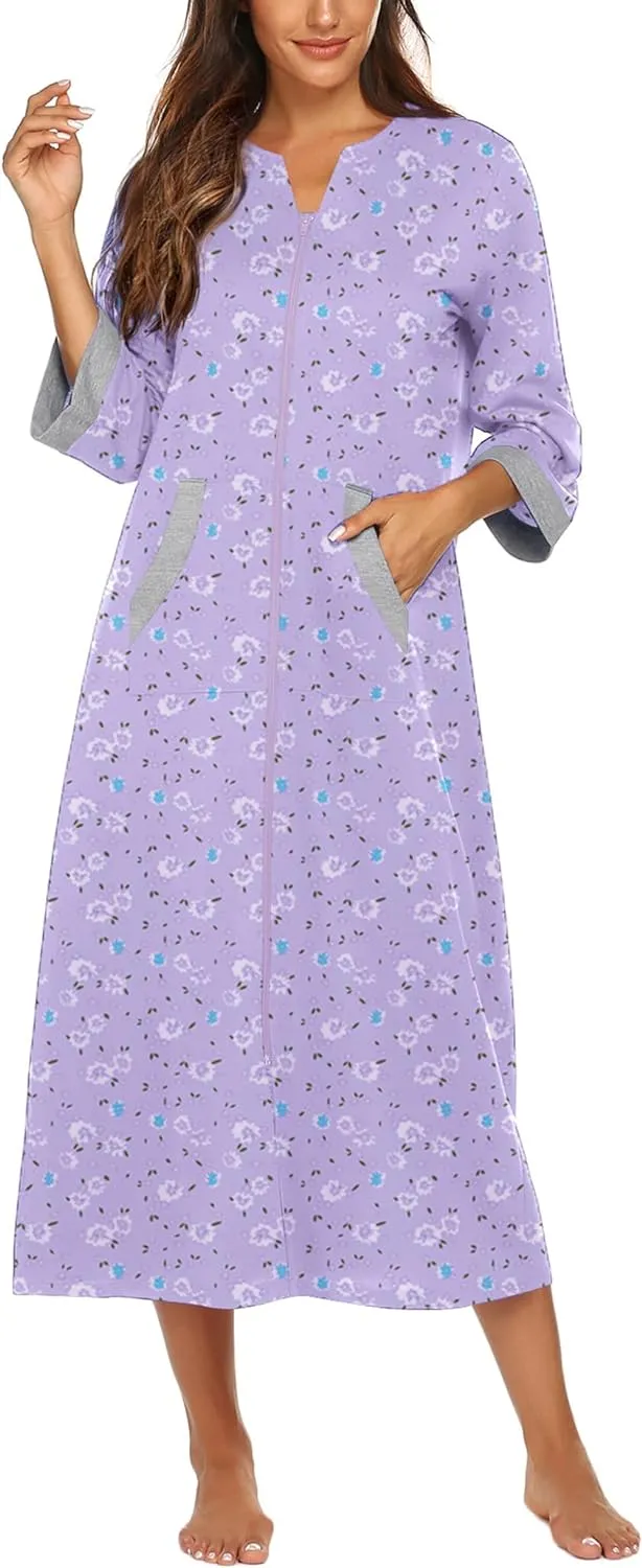 50% OFF Women Zipper Robe 3/4 Sleeves Loungewear Dress Full Length Sleepwear Pockets Housecoat Nightgown Long Bathrobe