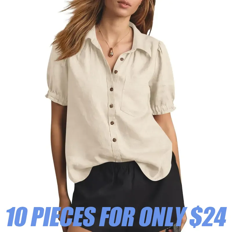 Women's Summer Puff Sleeve Casual V-Neck Shirt with Collar