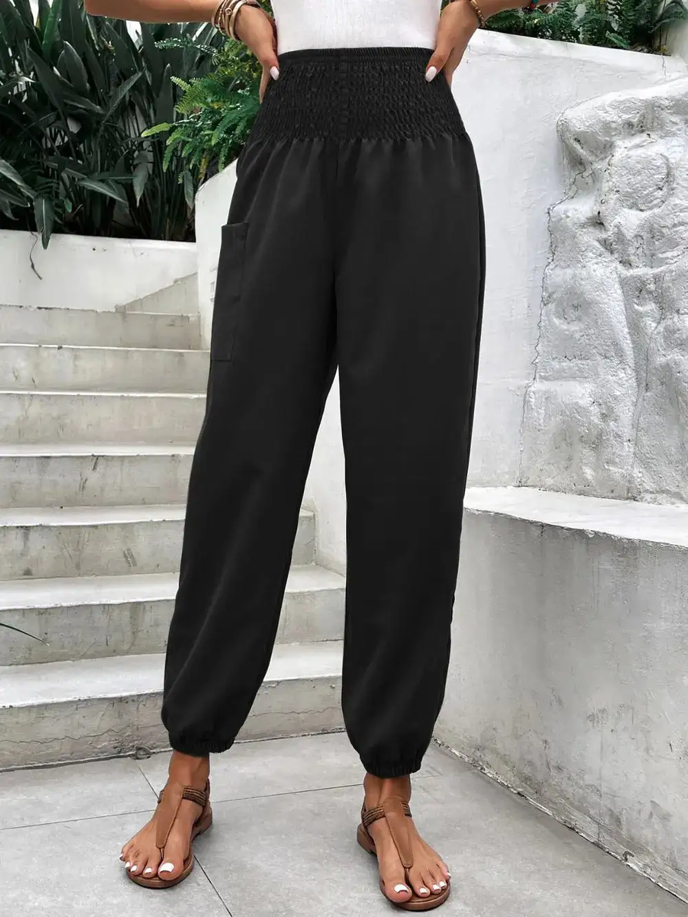 Relaxed Smocked High Waist Pants