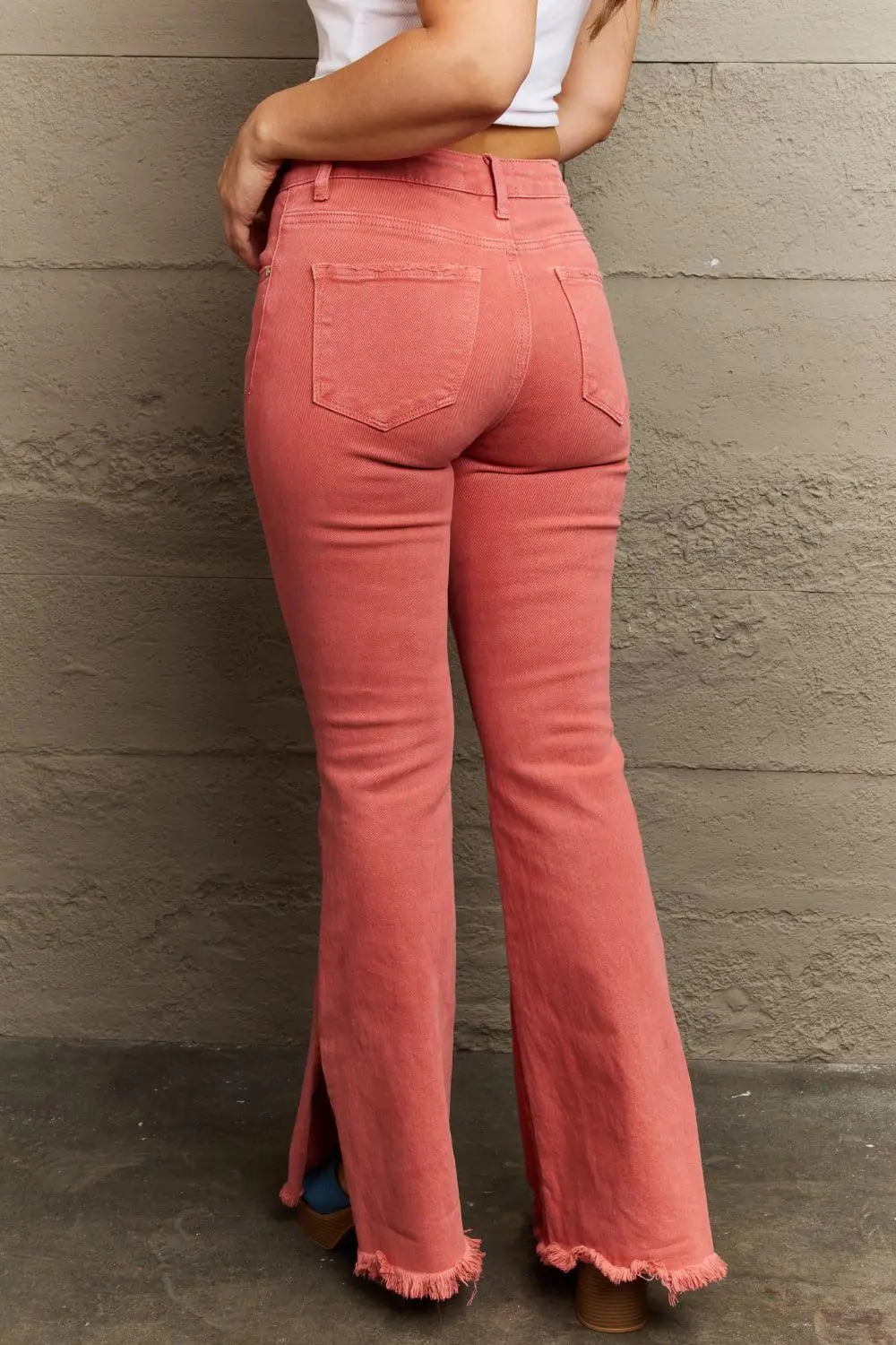 Smooth High Waist Flare Leg Slit Denim Jeans