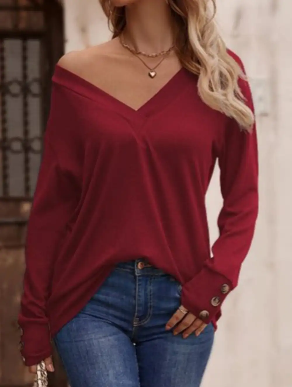 V Neck Button Loose Long Sleeve Tee