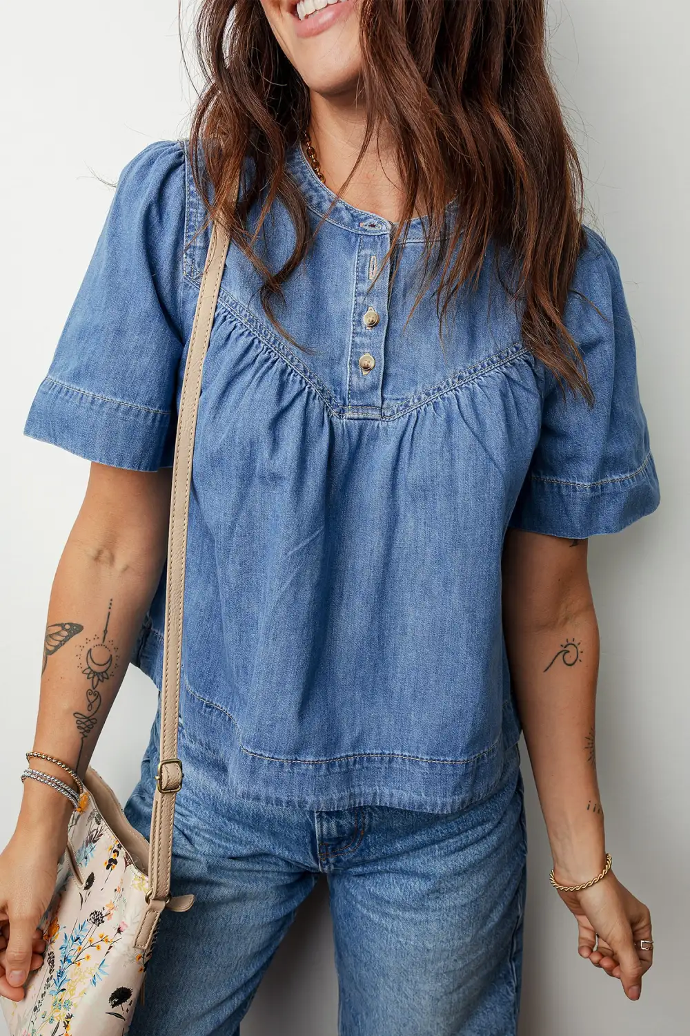 Pleated Button Front Short Sleeve Blouse