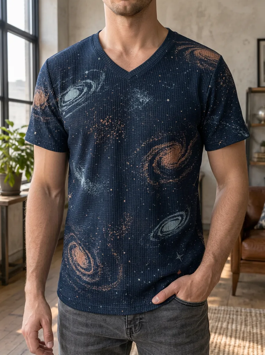 Men's Space Galaxy Cosmic Printed V-Neck T-Shirt