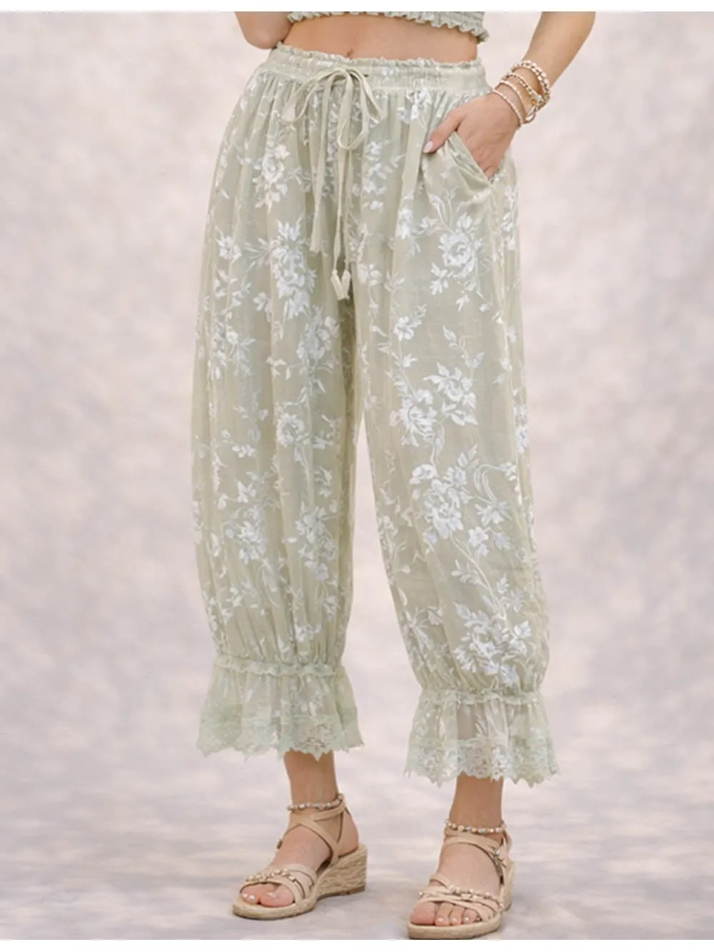 Lace Hem Flocked Elastic Waist Lantern Pants