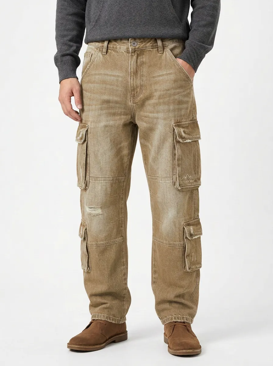 Men's Outdoor Mountain Graphic Distressed Denim Cargo Pants