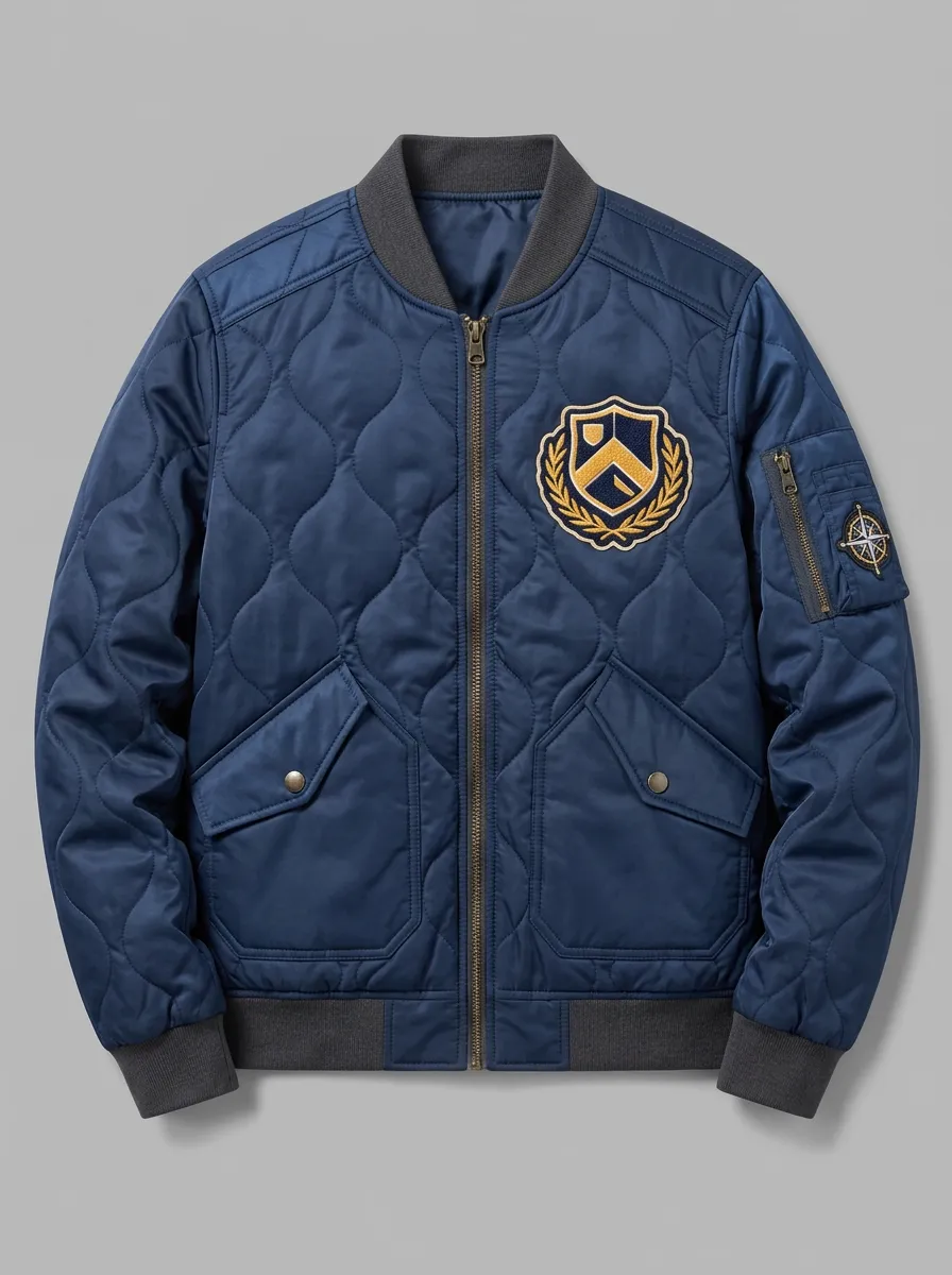 Men's Vintage Crest Compass Embroidered Quilted Bomber Jacket