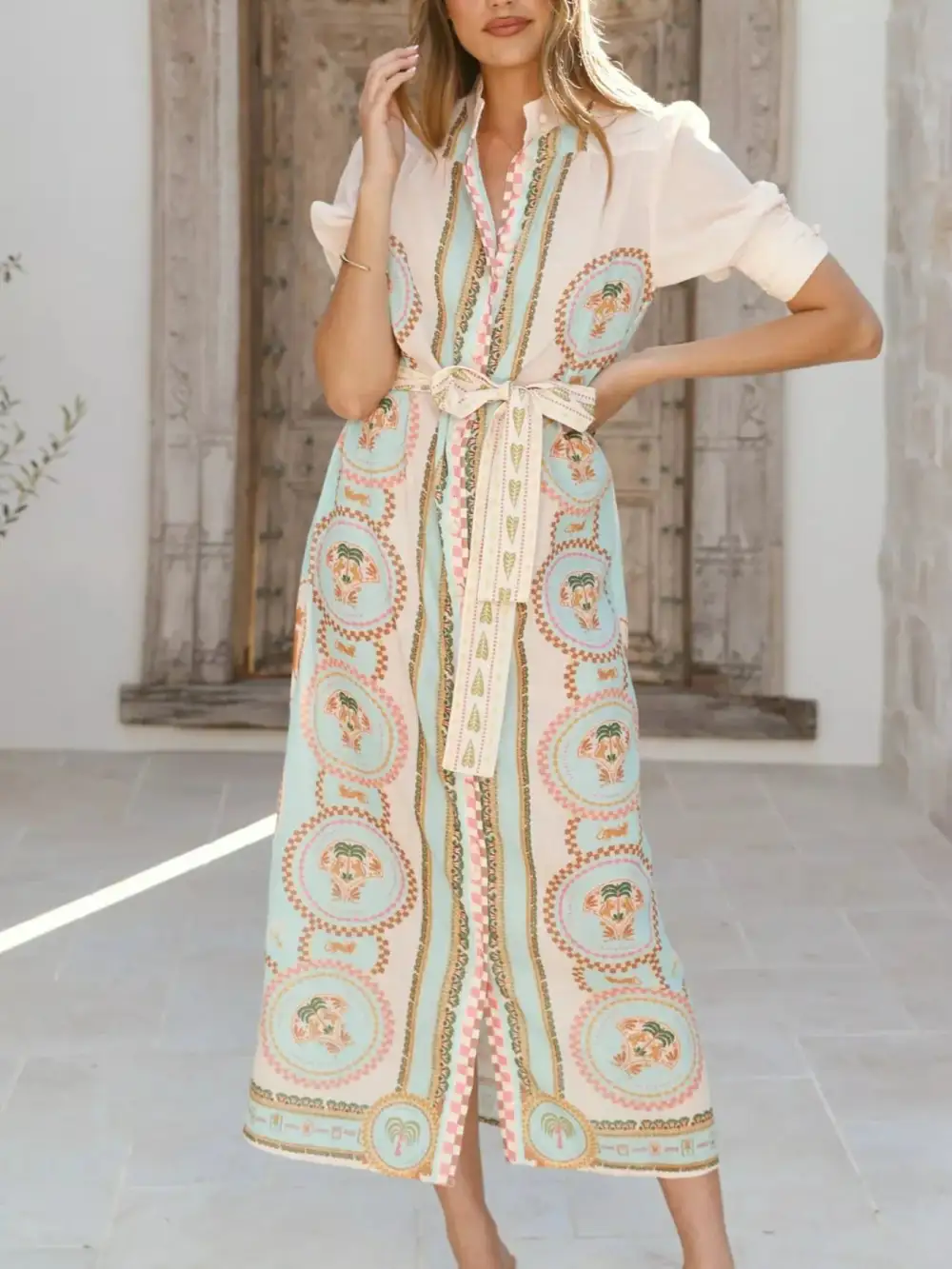 Printed Tie Waist Puff Sleeve Midi Dress