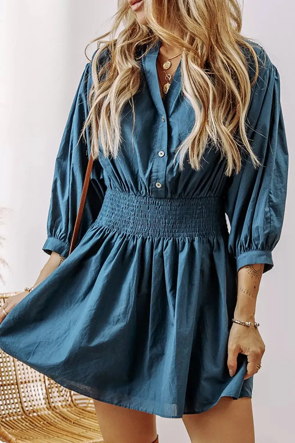 Button Front Smocked Mini Dress