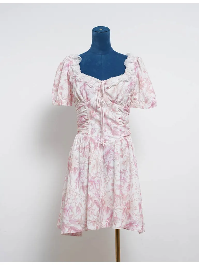 Romantic Lace Trim Puff Sleeves Mini Dress