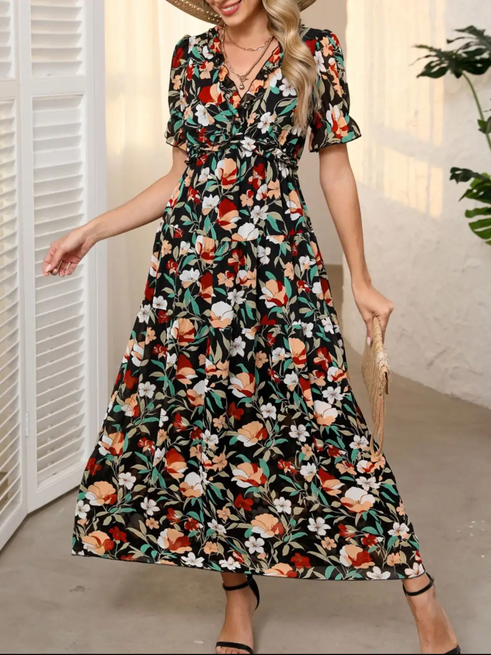 Polished Detail Floral Printed V Neck Maxi Dress
