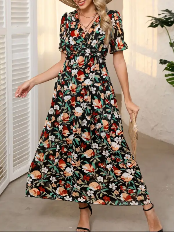 Polished Detail Floral Printed V Neck Maxi Dress