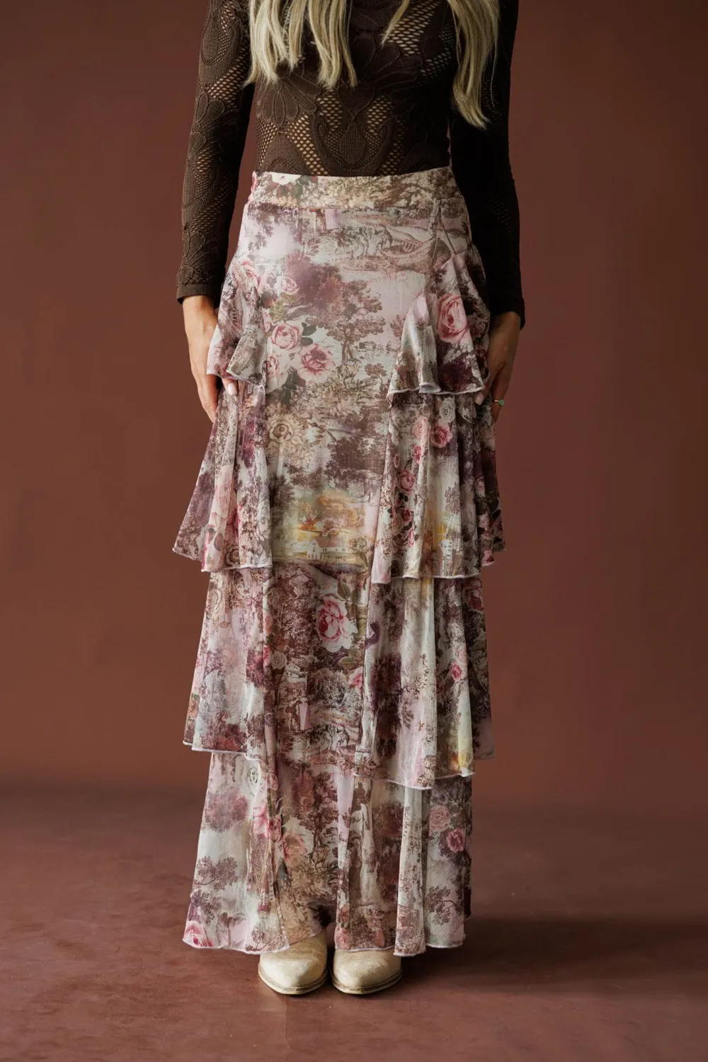 Modern Mesh Floral Maxi Skirt