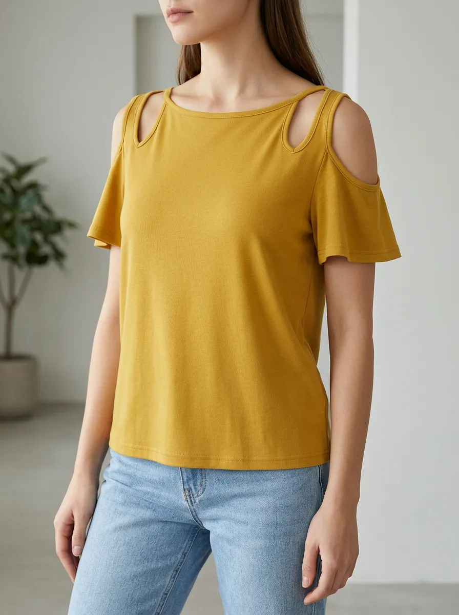 Women's Mustard Yellow Solid Color Cold Shoulder Top