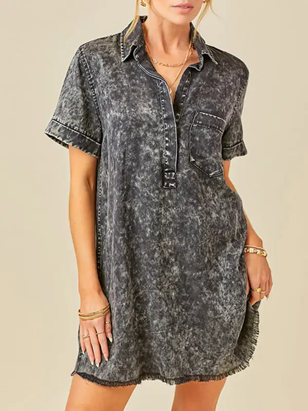 A Line Relaxed Fringed Pleated Pocket Split Joint Lapel Mini Dress