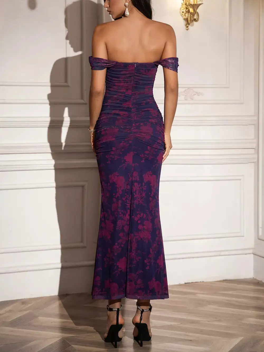 Ruched Off-Shoulder Floral Casual Dress