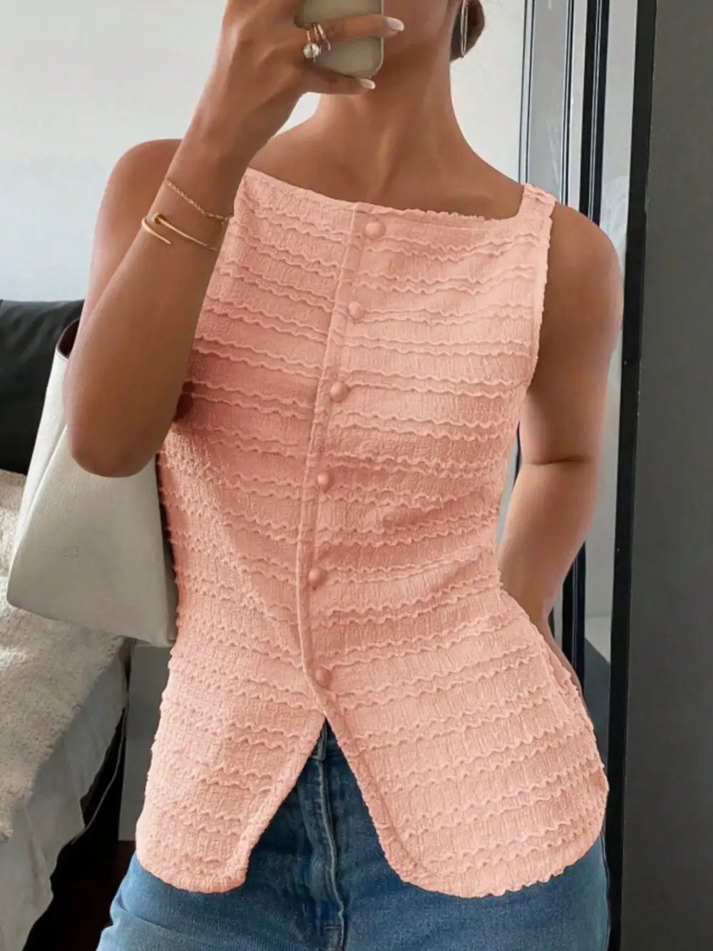 Textured Button Front Tank