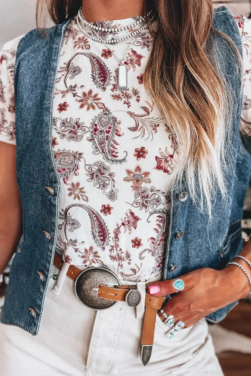 White Vintage Paisley Mock Neck