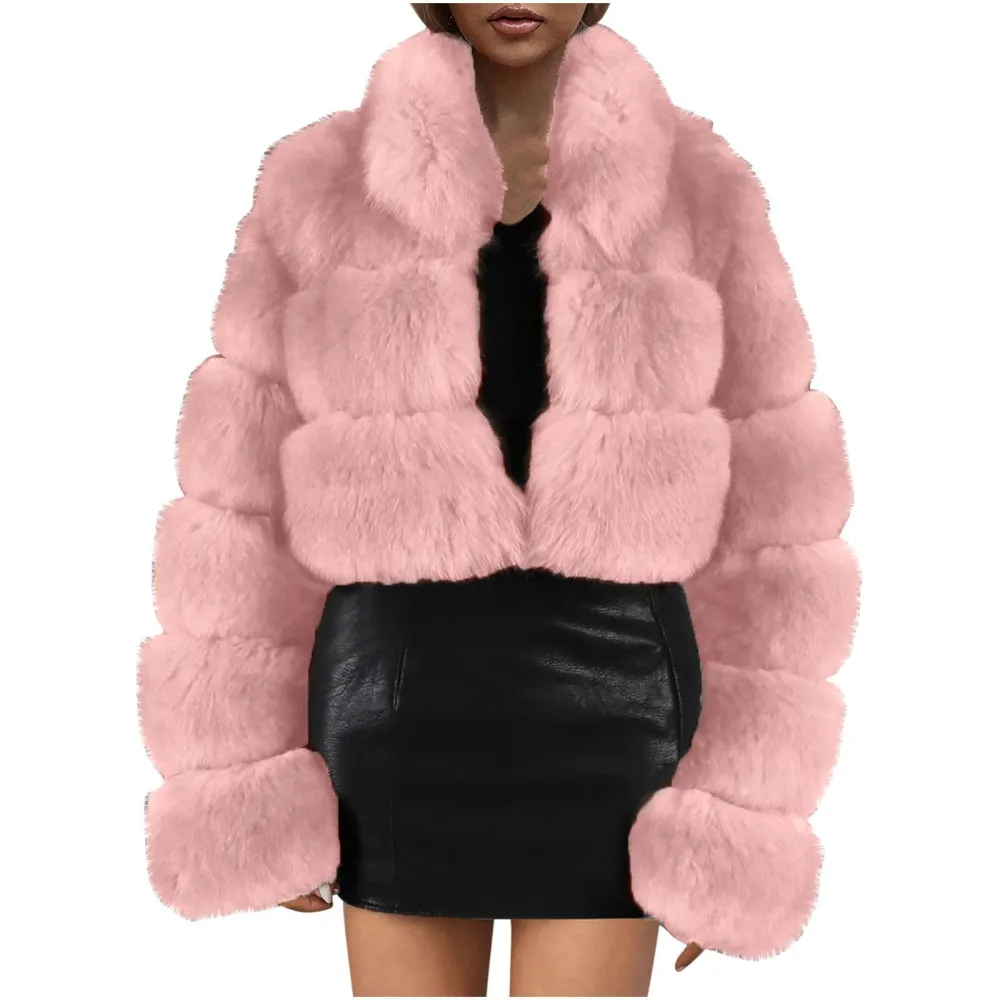 X1-Pink Faux Fur Coat Women with Hood Cropped Bubble Coats Fleece Short Warm Jackets Plus Size Winter Coats for Women