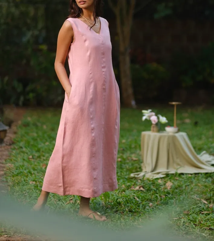Dusty Pink Linen V-Neck Midi Dress