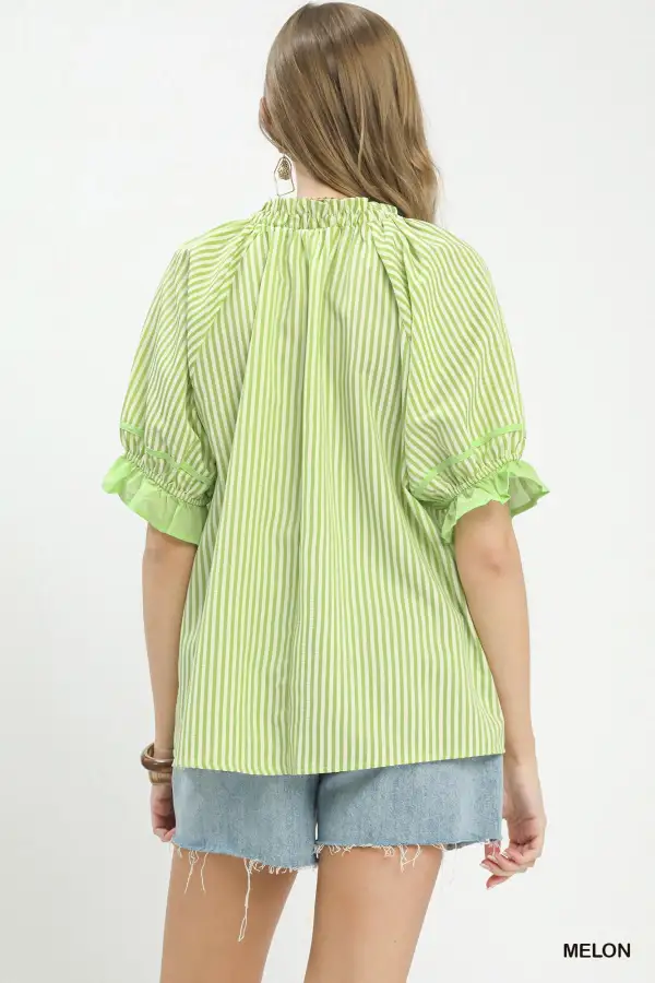 Ruffle Sleeve Split Neck Striped Blouse