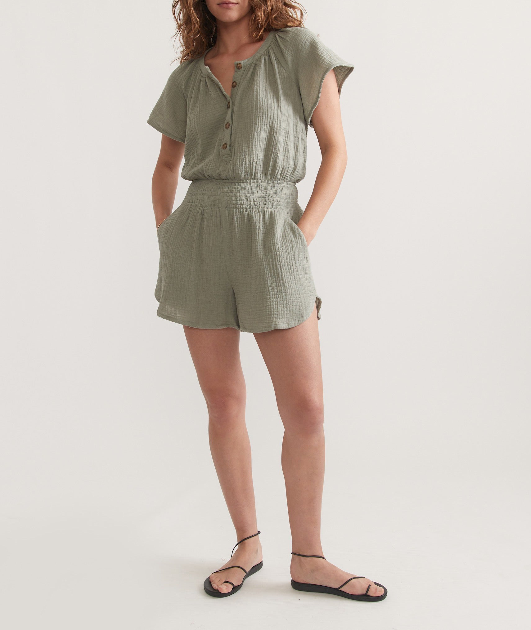 Short-Sleeve Smocked Cotton Romper